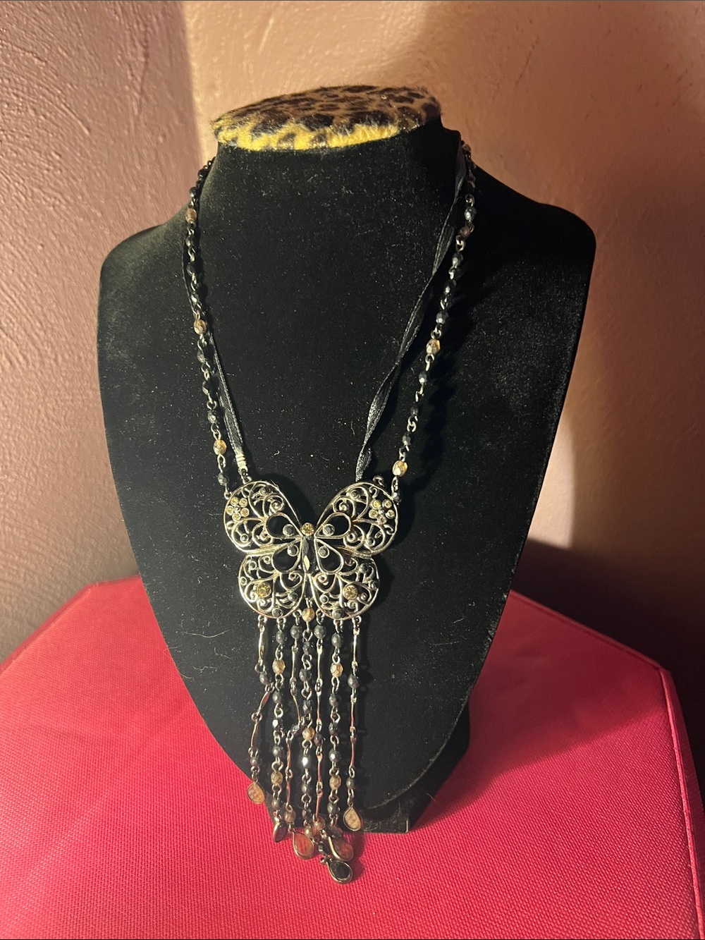 Vintage Butterfly Filigree Pendant Necklace with Beaded Fringe - Black